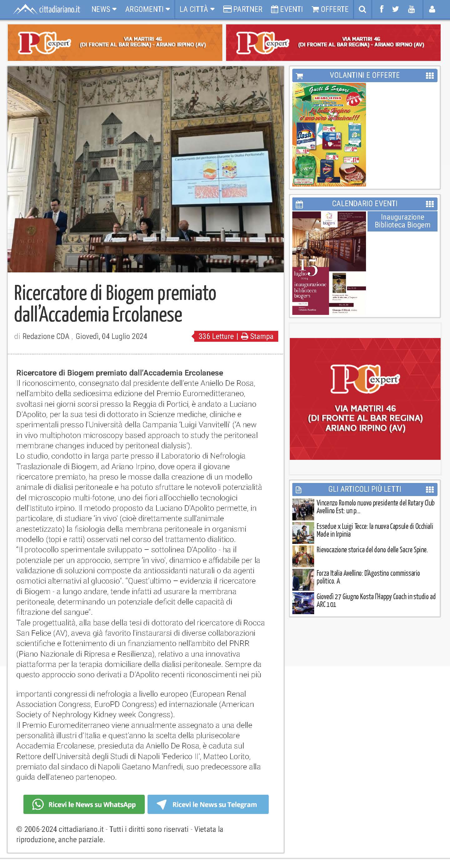 Ricercatore di Biogem premiato dall’Accademia Ercolanese